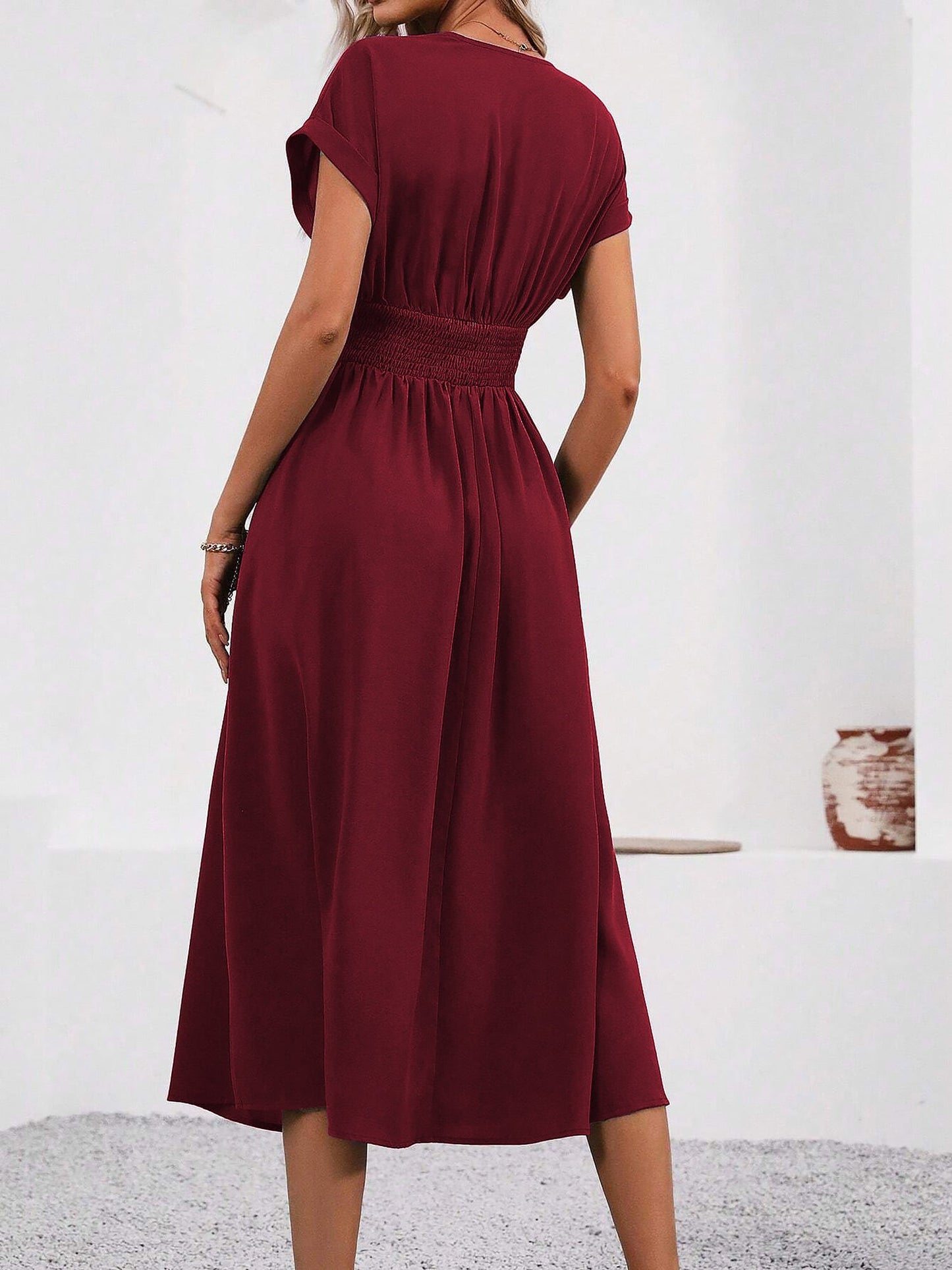 V Neck Short Sleeves Ruched Smocked A-Line Midi Dress