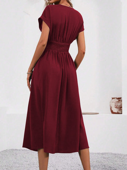 V Neck Short Sleeves Ruched Smocked A-Line Midi Dress
