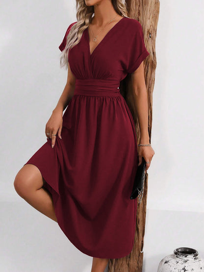 V Neck Short Sleeves Ruched Smocked A-Line Midi Dress