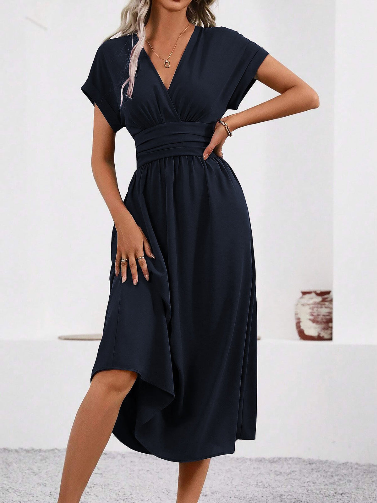 V Neck Short Sleeves Ruched Smocked A-Line Midi Dress