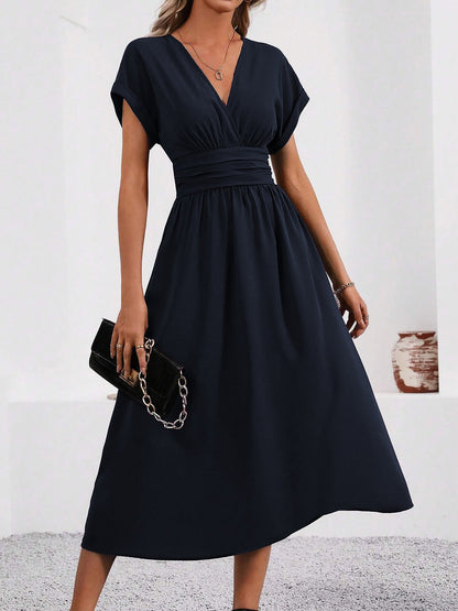 V Neck Short Sleeves Ruched Smocked A-Line Midi Dress