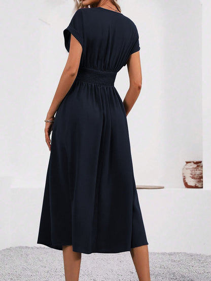 V Neck Short Sleeves Ruched Smocked A-Line Midi Dress