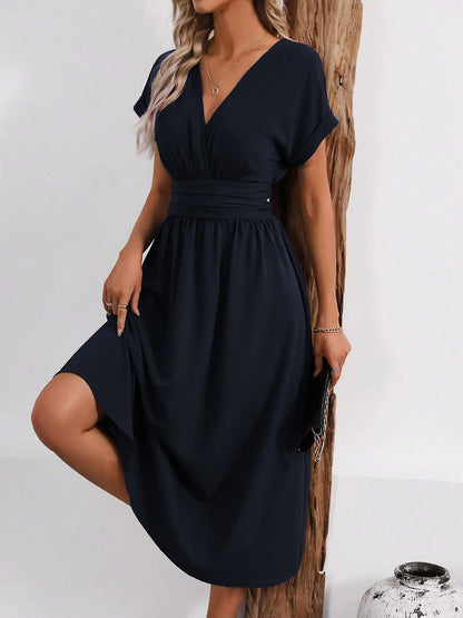 V Neck Short Sleeves Ruched Smocked A-Line Midi Dress