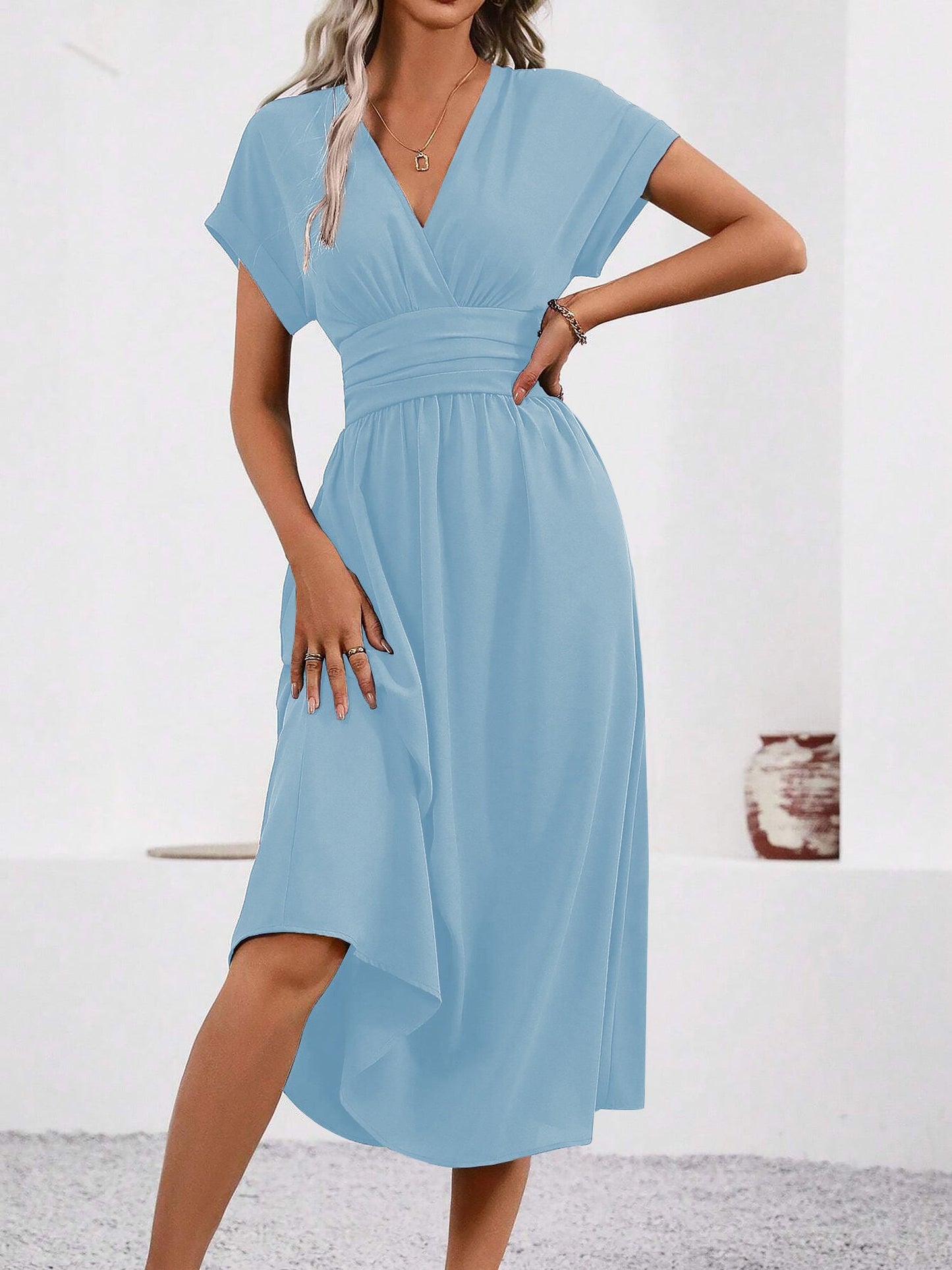 V Neck Short Sleeves Ruched Smocked A-Line Midi Dress