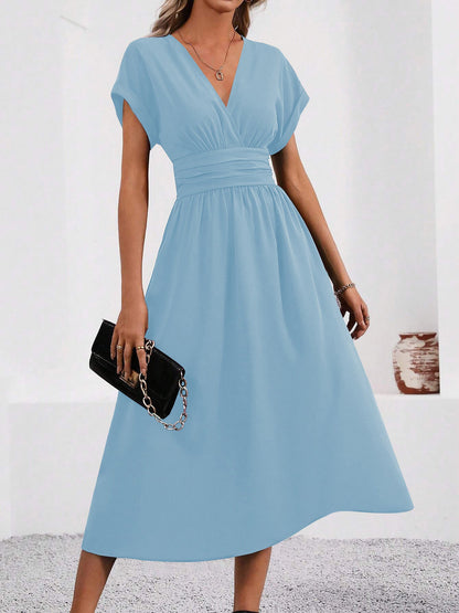 V Neck Short Sleeves Ruched Smocked A-Line Midi Dress