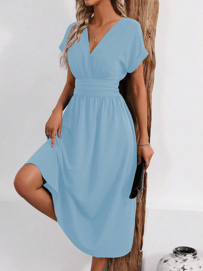 V Neck Short Sleeves Ruched Smocked A-Line Midi Dress