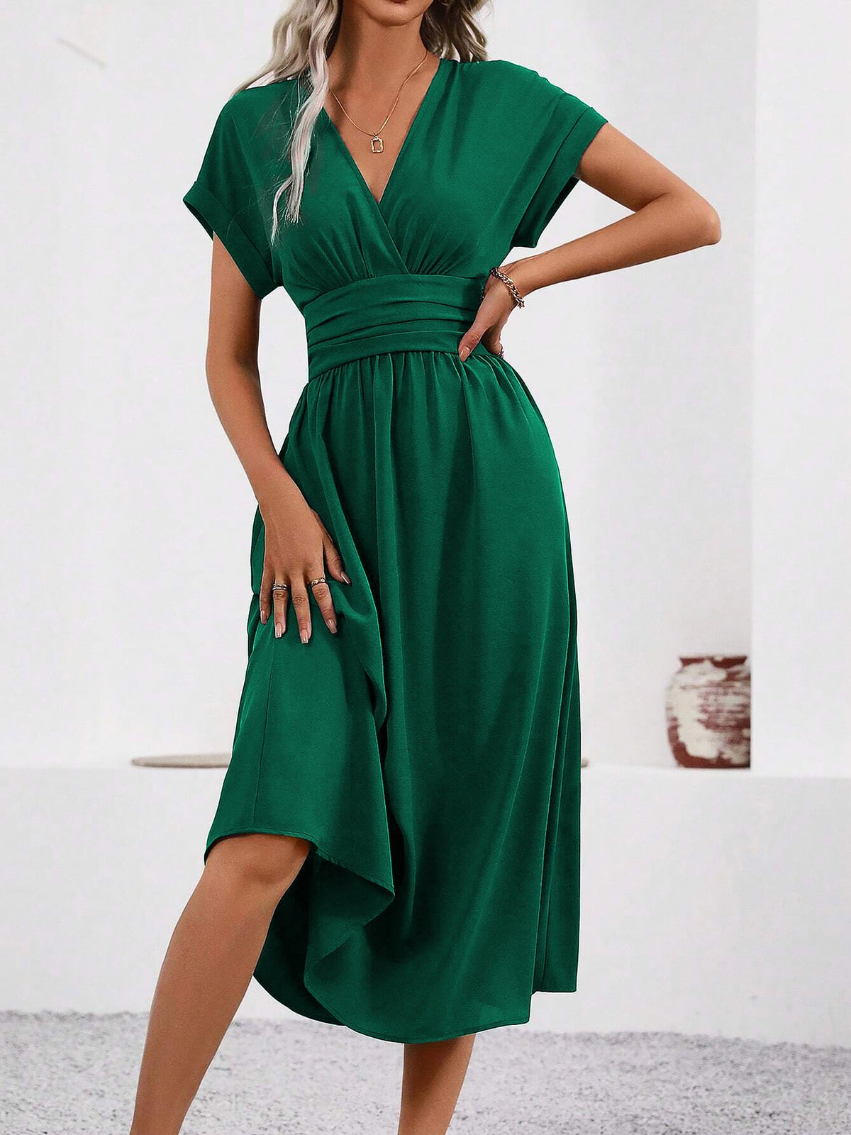 V Neck Short Sleeves Ruched Smocked A-Line Midi Dress
