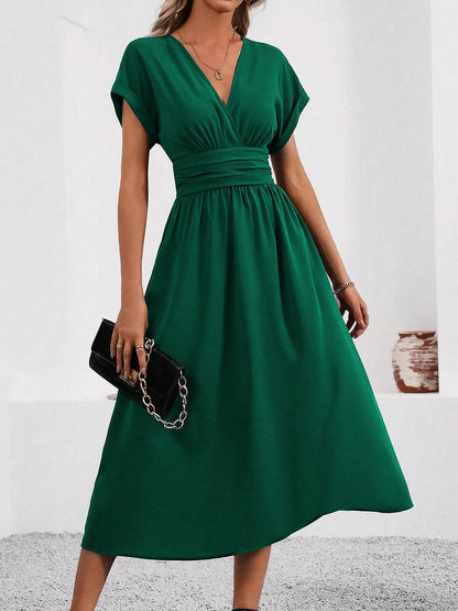 V Neck Short Sleeves Ruched Smocked A-Line Midi Dress