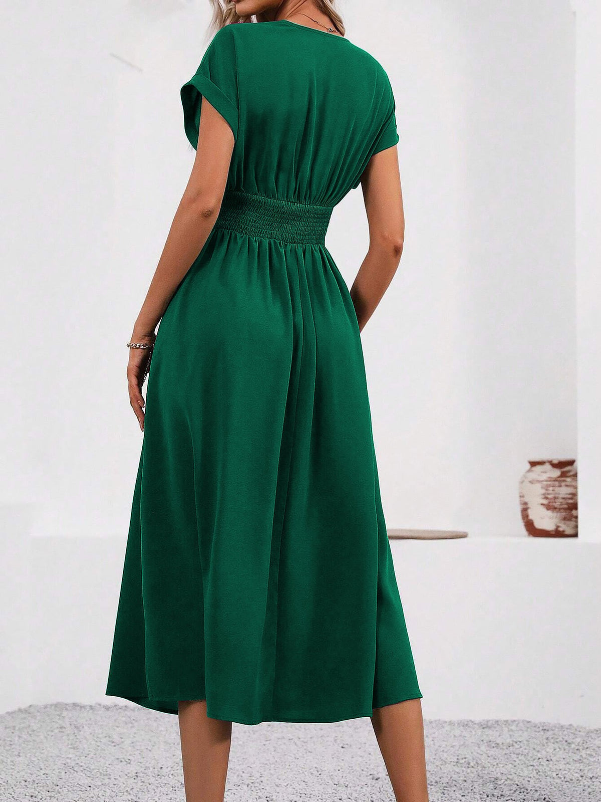 V Neck Short Sleeves Ruched Smocked A-Line Midi Dress