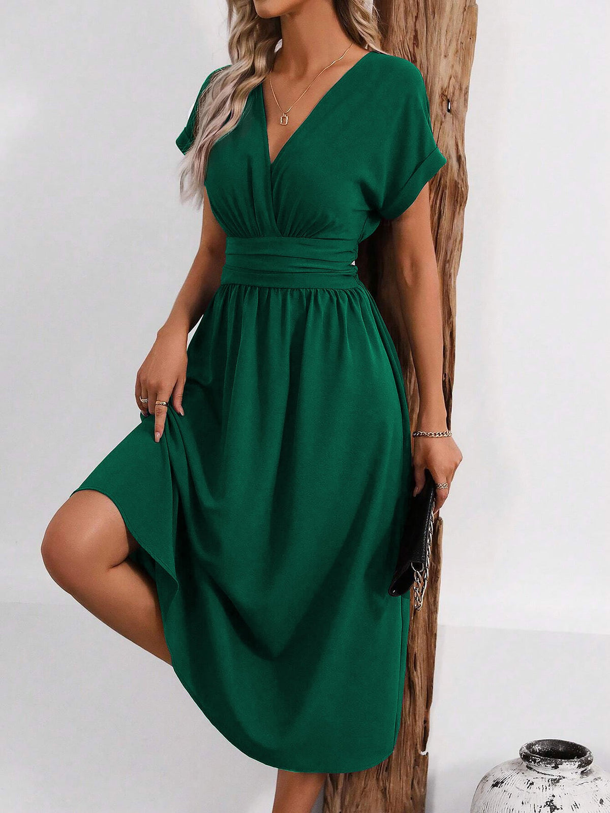 V Neck Short Sleeves Ruched Smocked A-Line Midi Dress