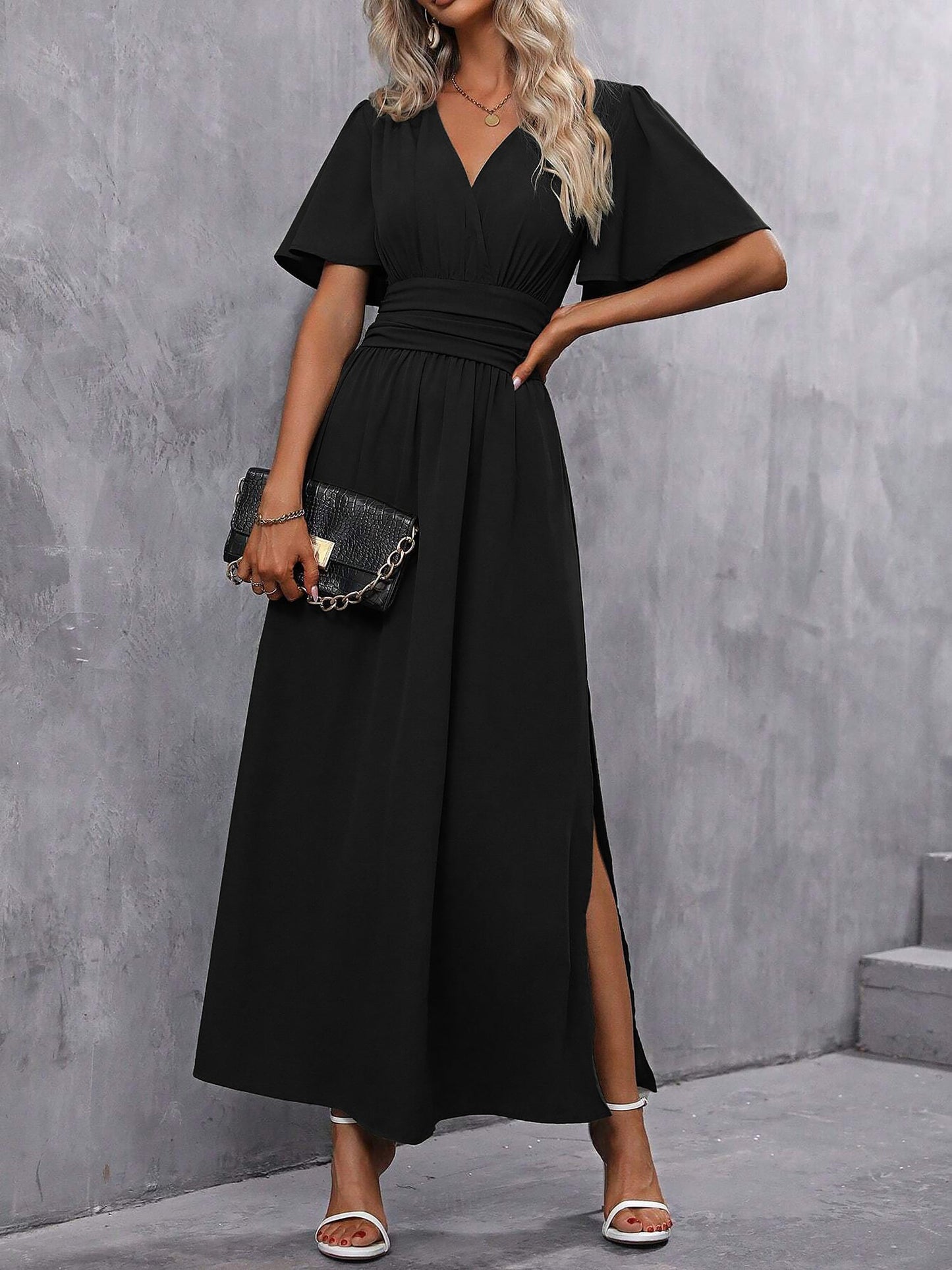 V Neck Flare Sleeves Smocked Slit Maxi Dress