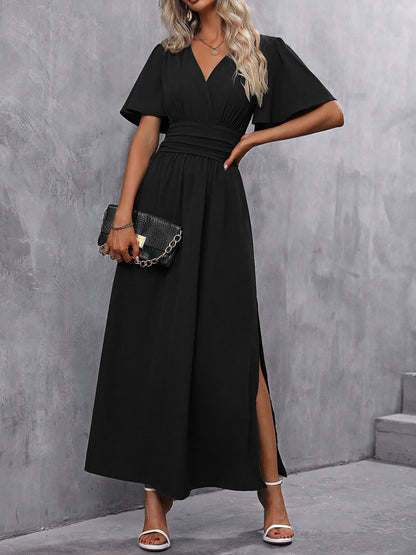 V Neck Flare Sleeves Smocked Slit Maxi Dress