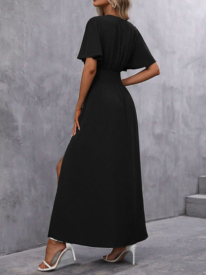 V Neck Flare Sleeves Smocked Slit Maxi Dress