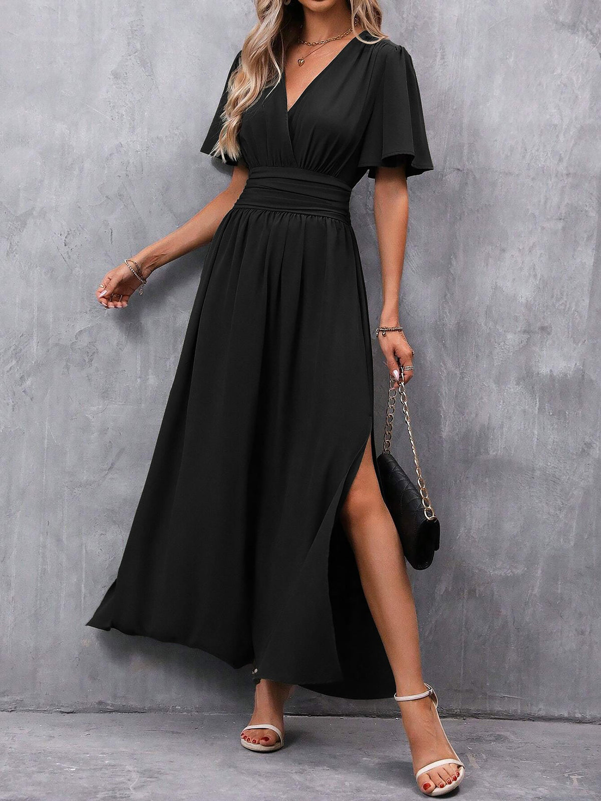 V Neck Flare Sleeves Smocked Slit Maxi Dress