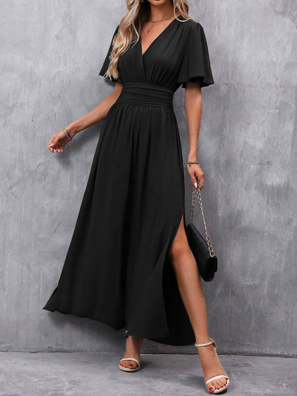 V Neck Flare Sleeves Smocked Slit Maxi Dress