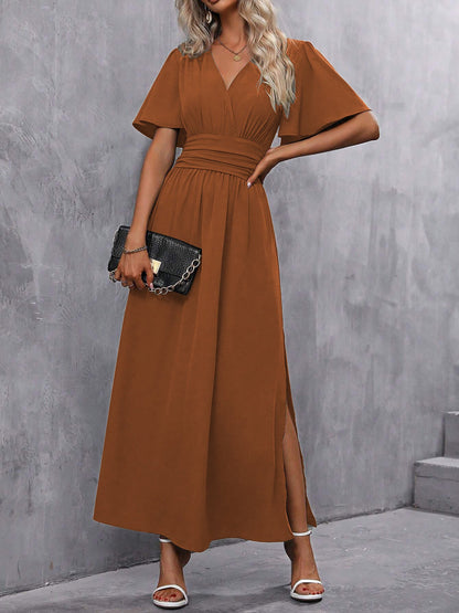 V Neck Flare Sleeves Smocked Slit Maxi Dress