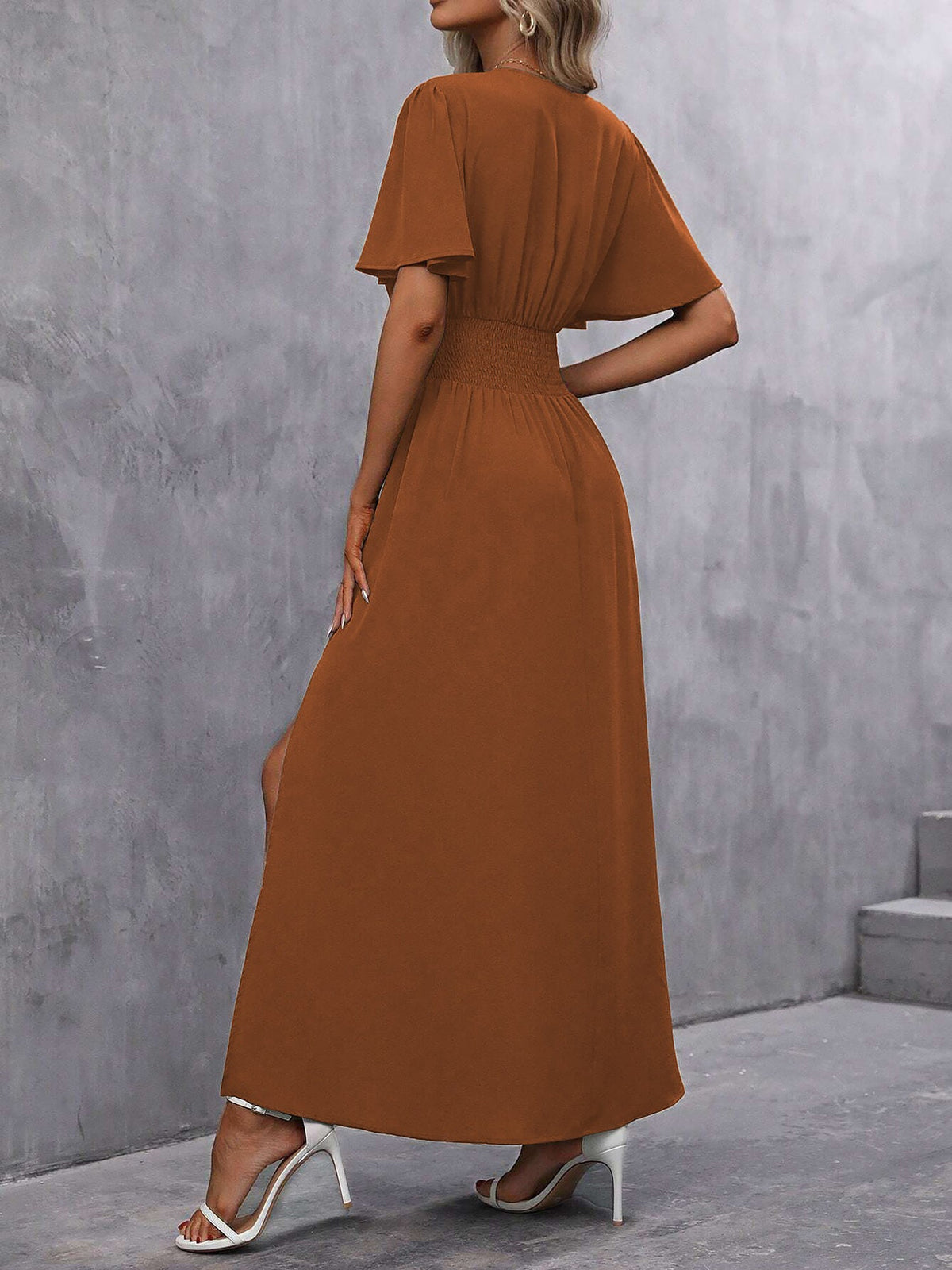 V Neck Flare Sleeves Smocked Slit Maxi Dress