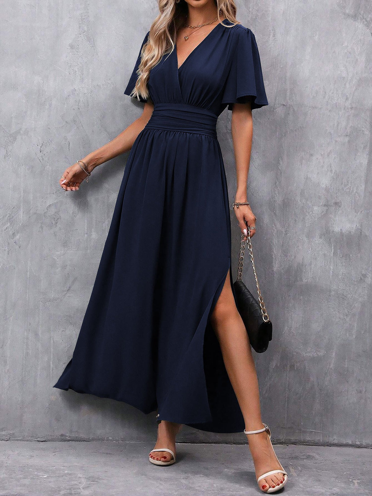 V Neck Flare Sleeves Smocked Slit Maxi Dress