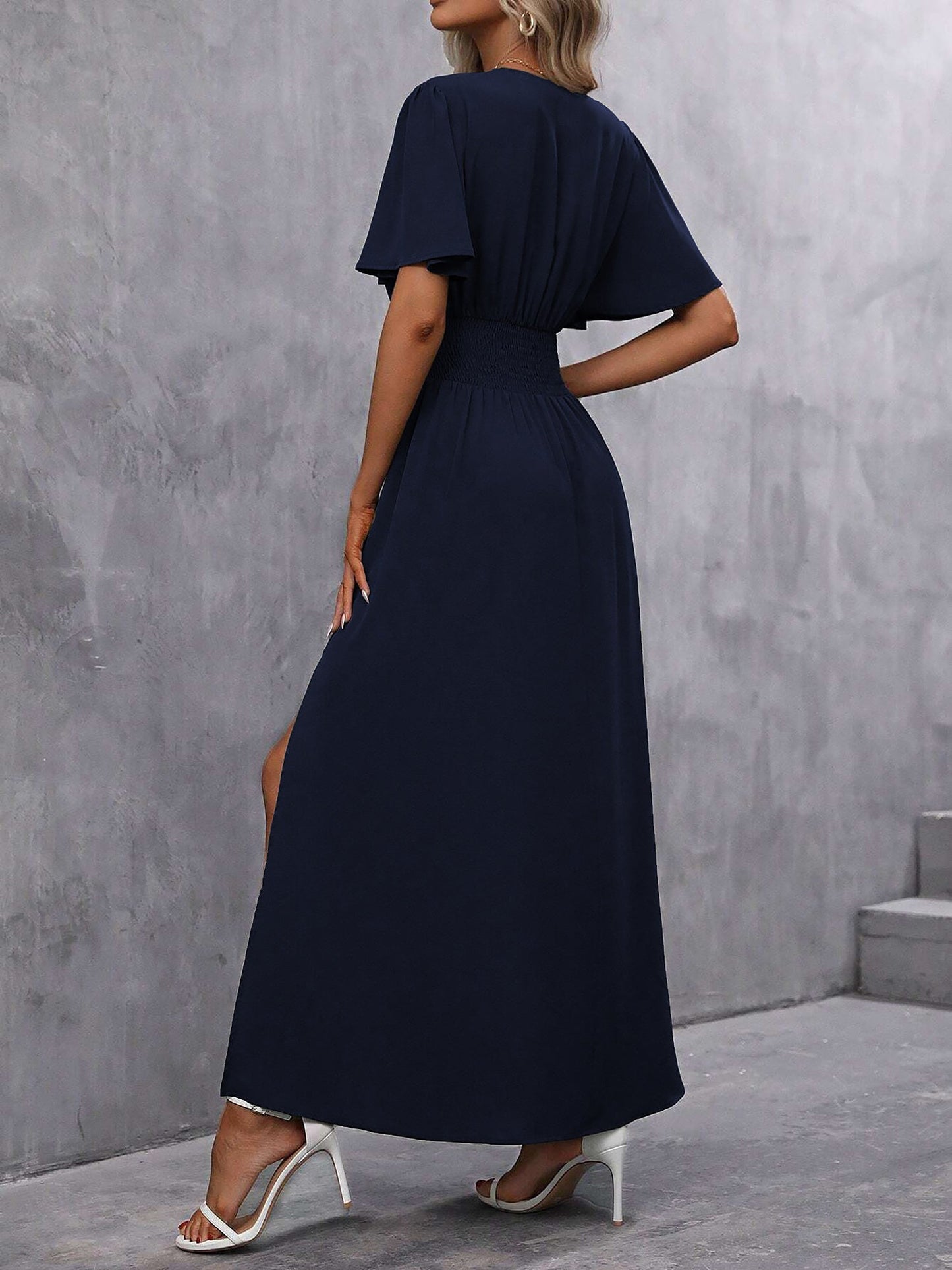 V Neck Flare Sleeves Smocked Slit Maxi Dress