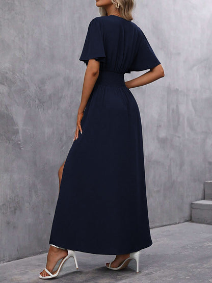 V Neck Flare Sleeves Smocked Slit Maxi Dress