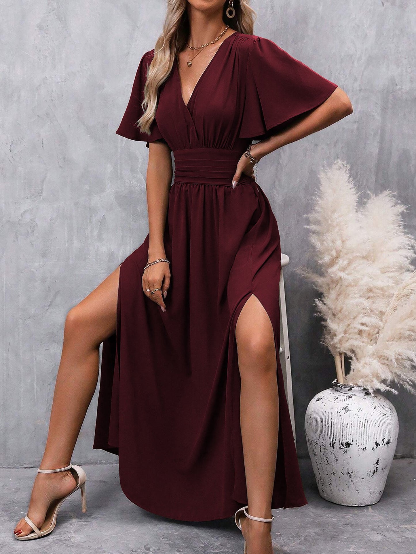 V Neck Flare Sleeves Smocked Slit Maxi Dress