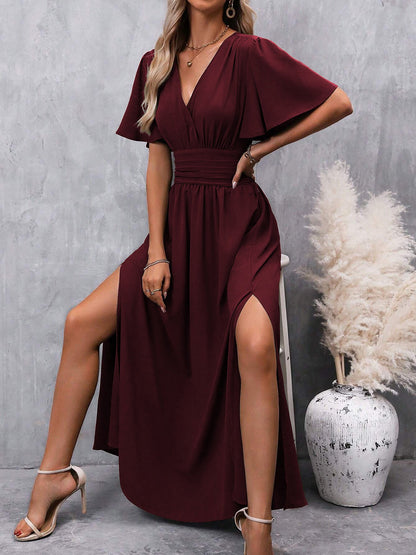 V Neck Flare Sleeves Smocked Slit Maxi Dress