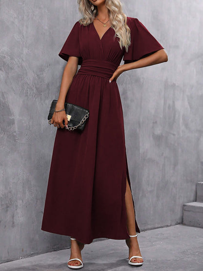 V Neck Flare Sleeves Smocked Slit Maxi Dress