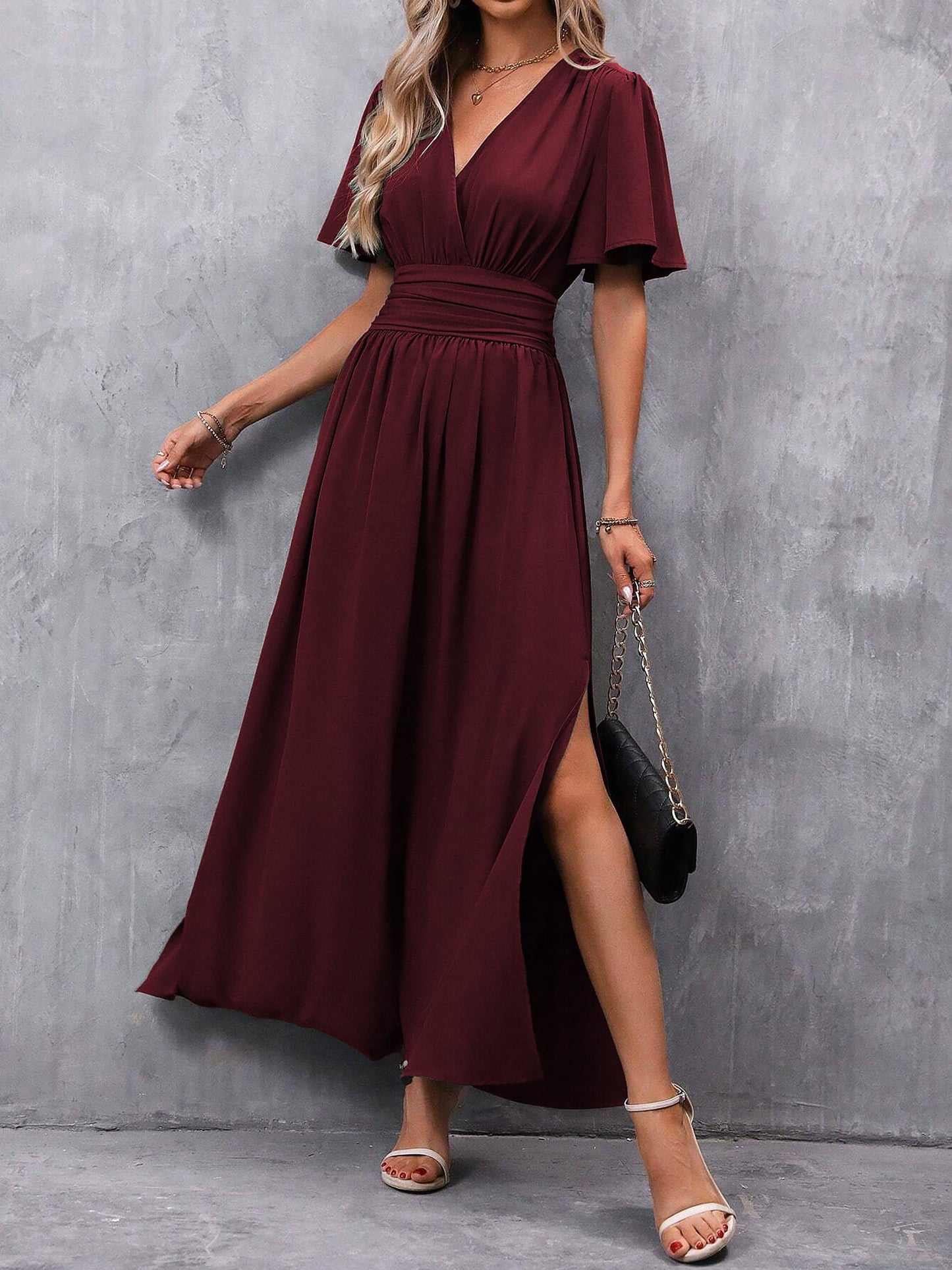 V Neck Flare Sleeves Smocked Slit Maxi Dress