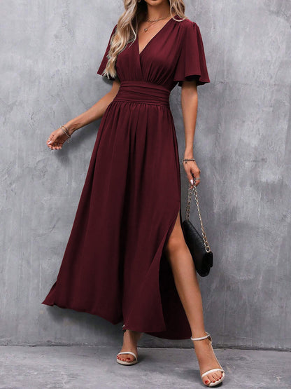 V Neck Flare Sleeves Smocked Slit Maxi Dress