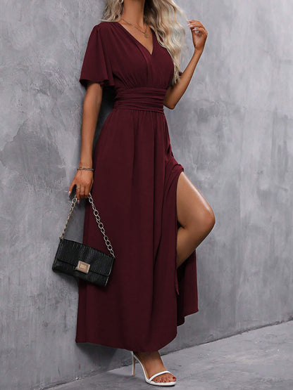 V Neck Flare Sleeves Smocked Slit Maxi Dress