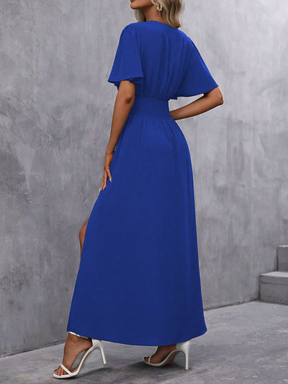 V Neck Flare Sleeves Smocked Slit Maxi Dress