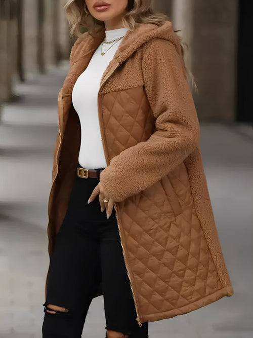 Hooded Zipper Long Sleeves Fleece Patchwork Quited Coat