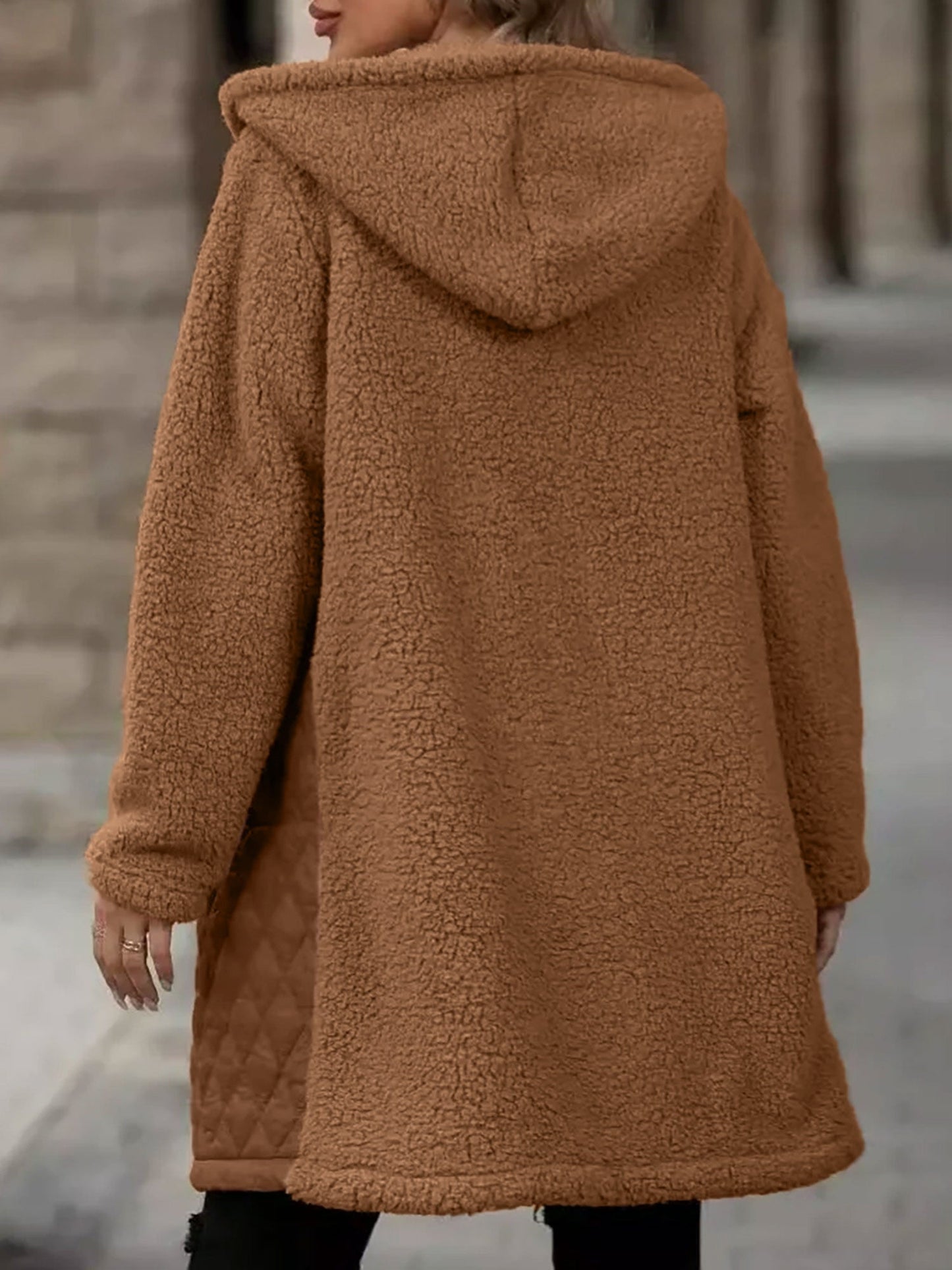 Hooded Zipper Long Sleeves Fleece Patchwork Quited Coat