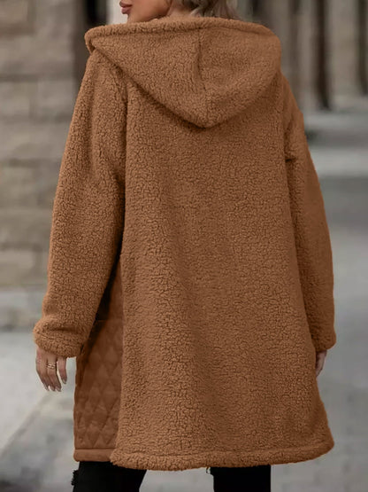 Hooded Zipper Long Sleeves Fleece Patchwork Quited Coat