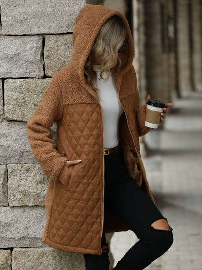 Hooded Zipper Long Sleeves Fleece Patchwork Quited Coat