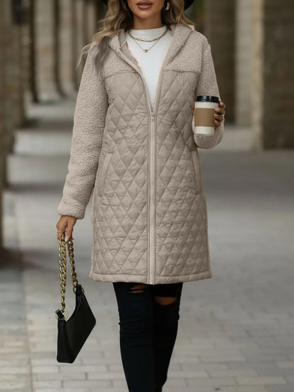 Hooded Zipper Long Sleeves Fleece Patchwork Quited Coat