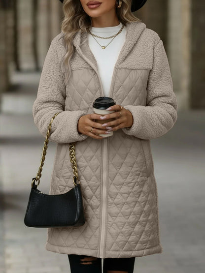 Hooded Zipper Long Sleeves Fleece Patchwork Quited Coat