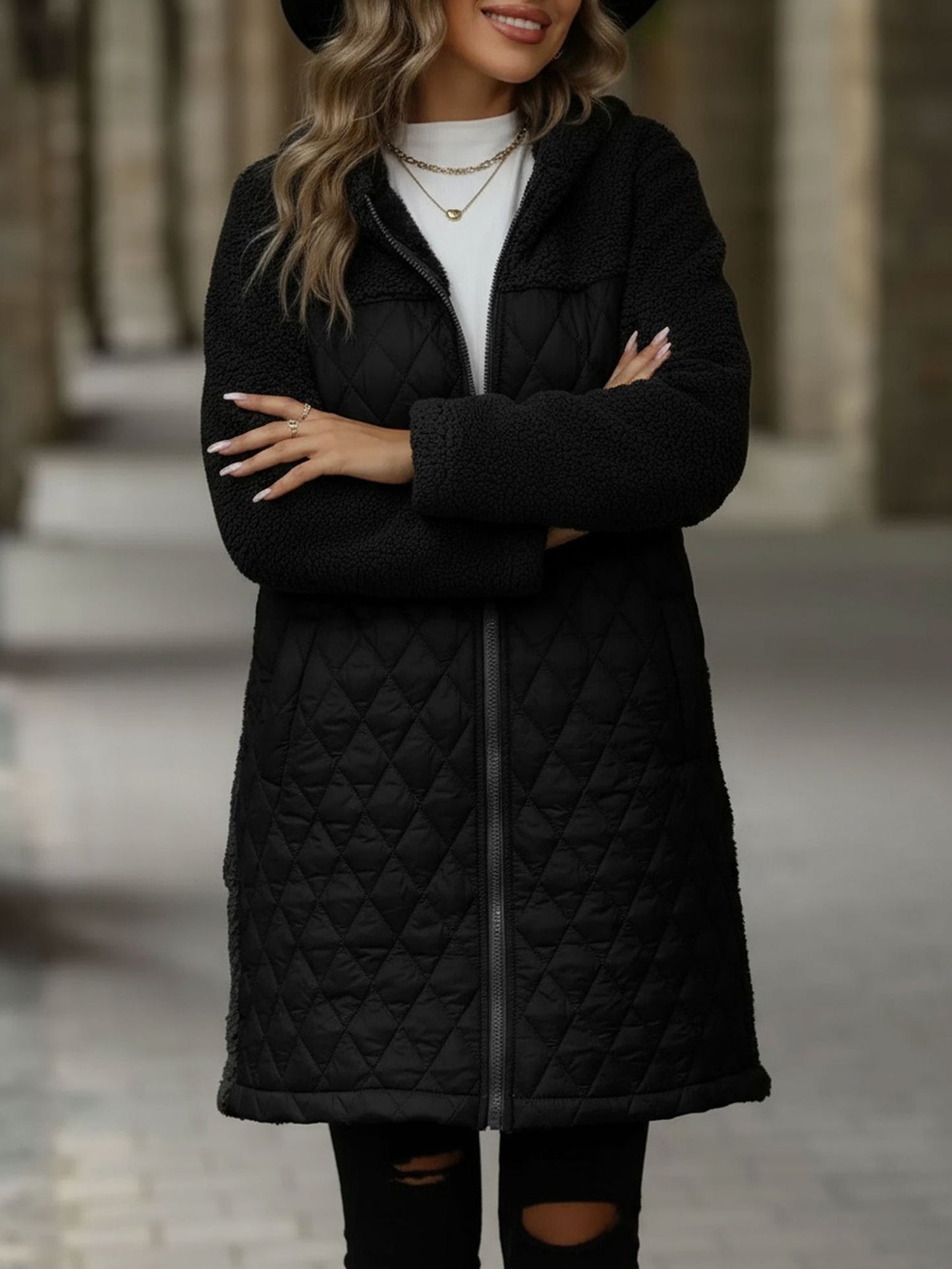 Hooded Zipper Long Sleeves Fleece Patchwork Quited Coat