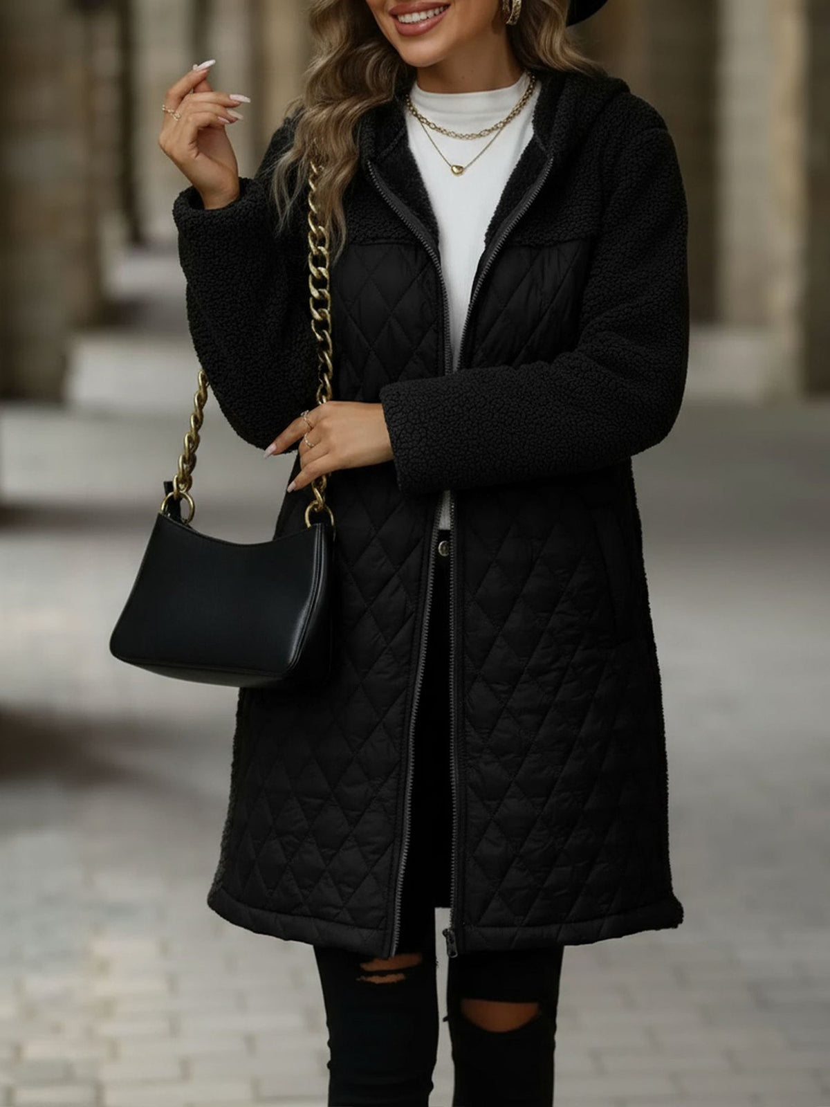 Hooded Zipper Long Sleeves Fleece Patchwork Quited Coat