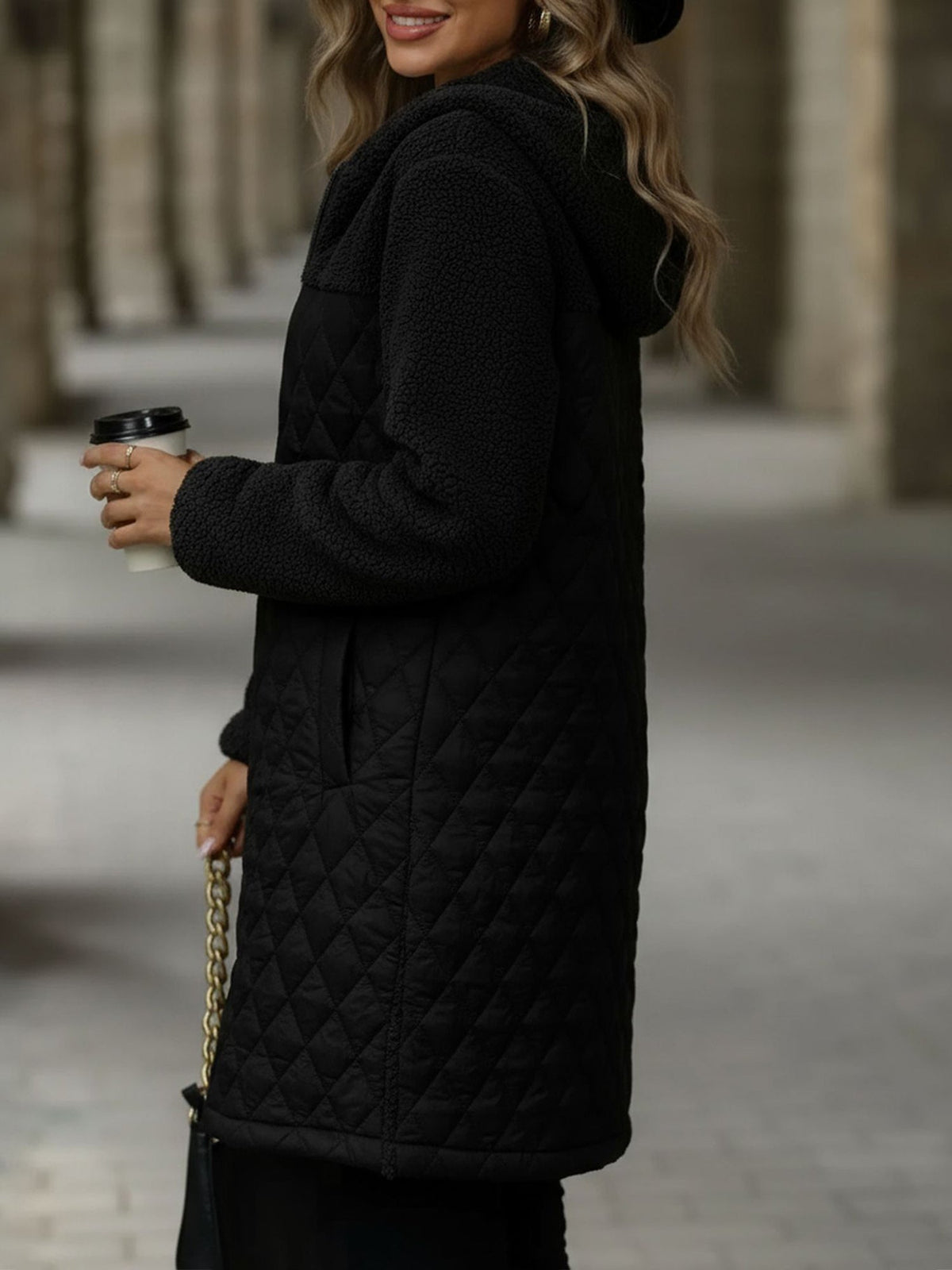 Hooded Zipper Long Sleeves Fleece Patchwork Quited Coat