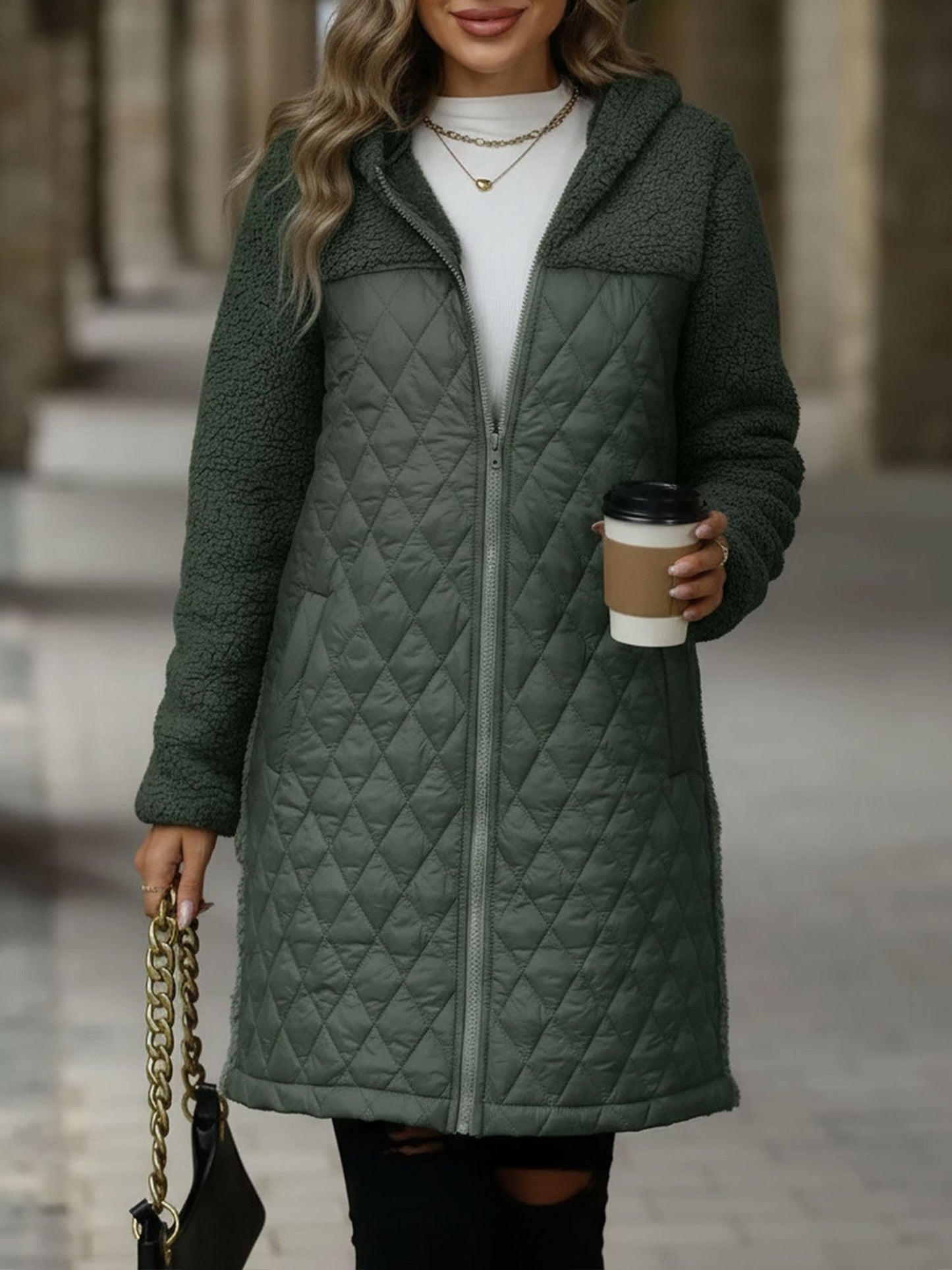 Hooded Zipper Long Sleeves Fleece Patchwork Quited Coat