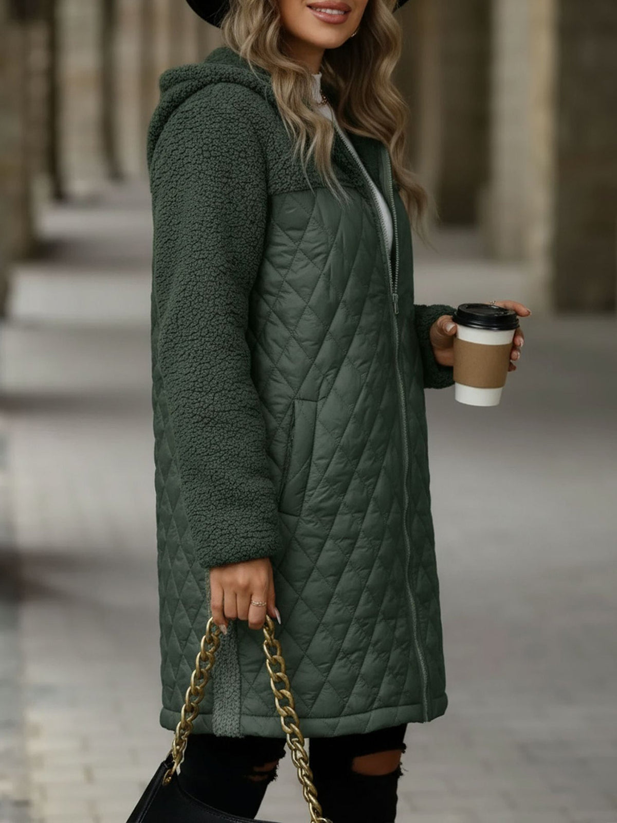 Hooded Zipper Long Sleeves Fleece Patchwork Quited Coat