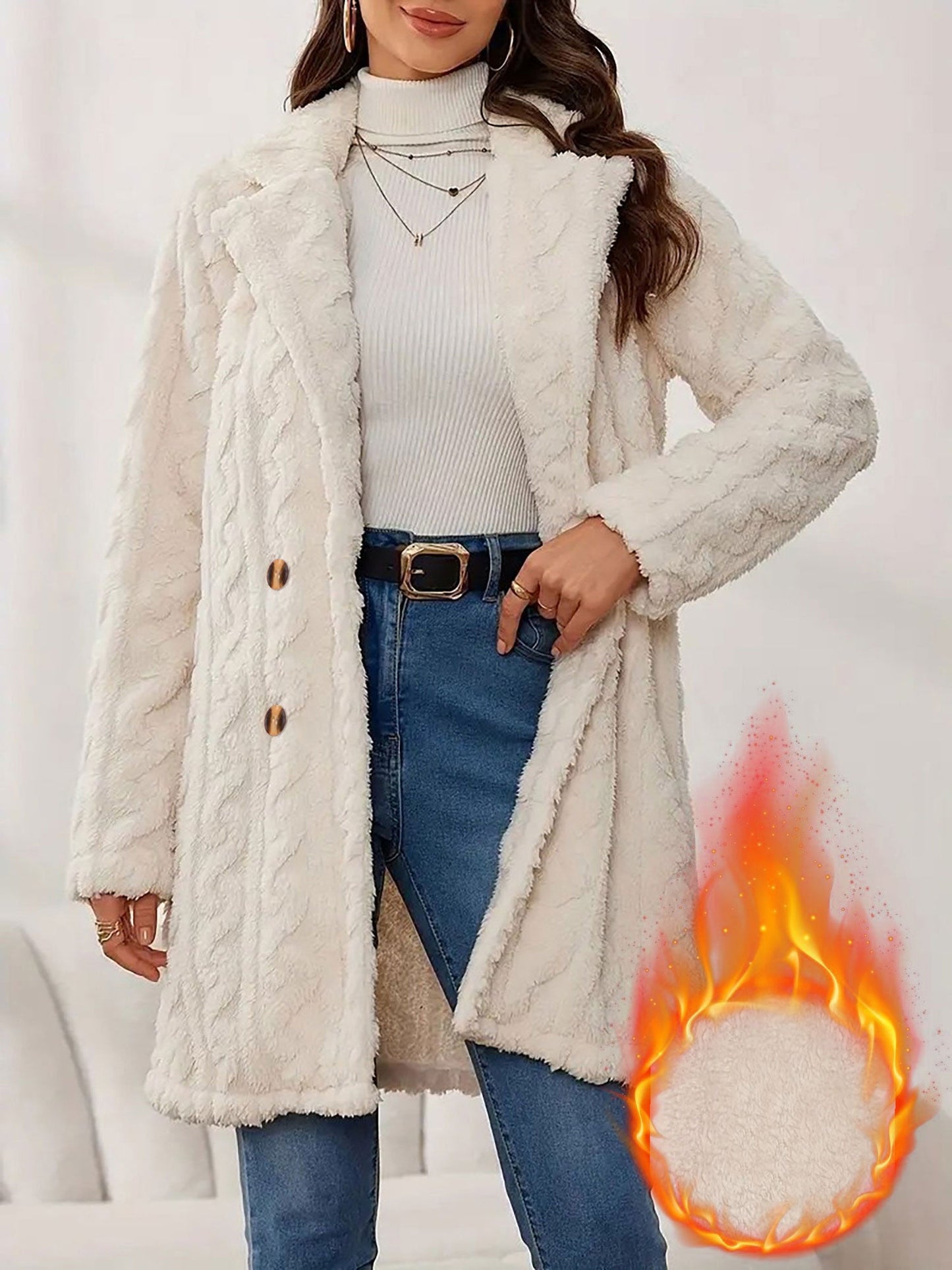 Notched Lapel Double-Breasted Mid-Length Faux Fur Jacket