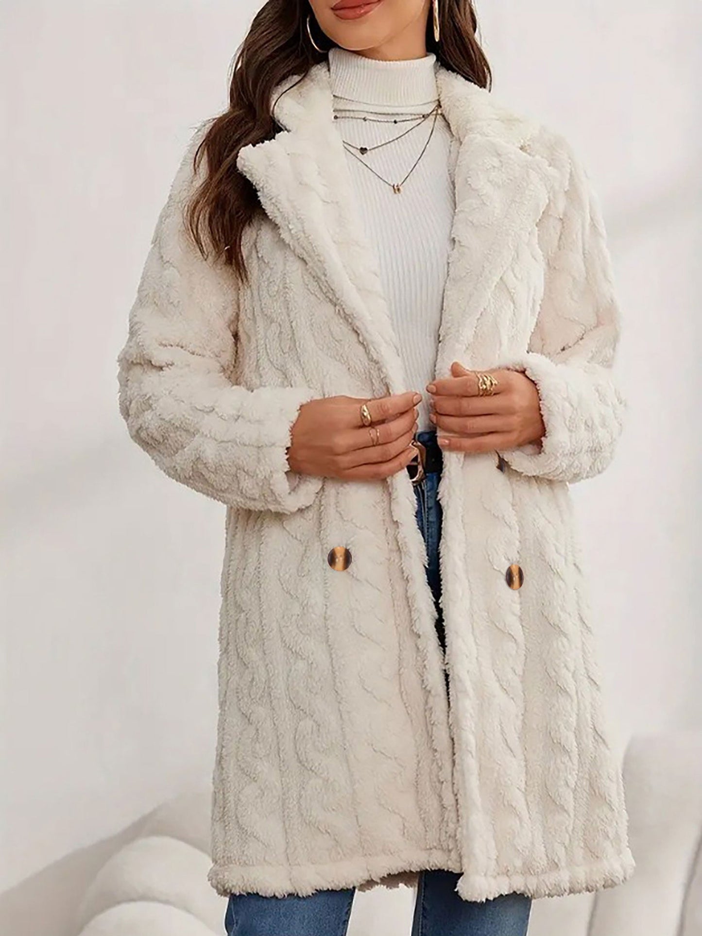 Notched Lapel Double-Breasted Mid-Length Faux Fur Jacket