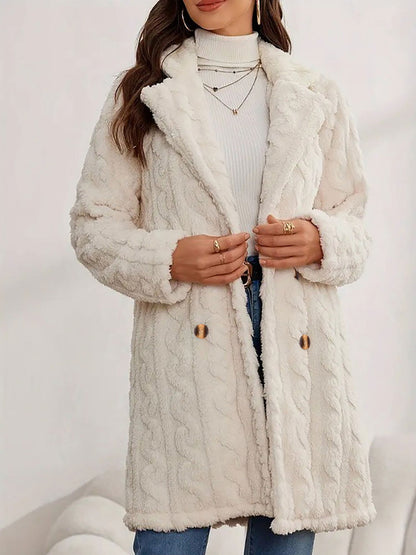Notched Lapel Double-Breasted Mid-Length Faux Fur Jacket