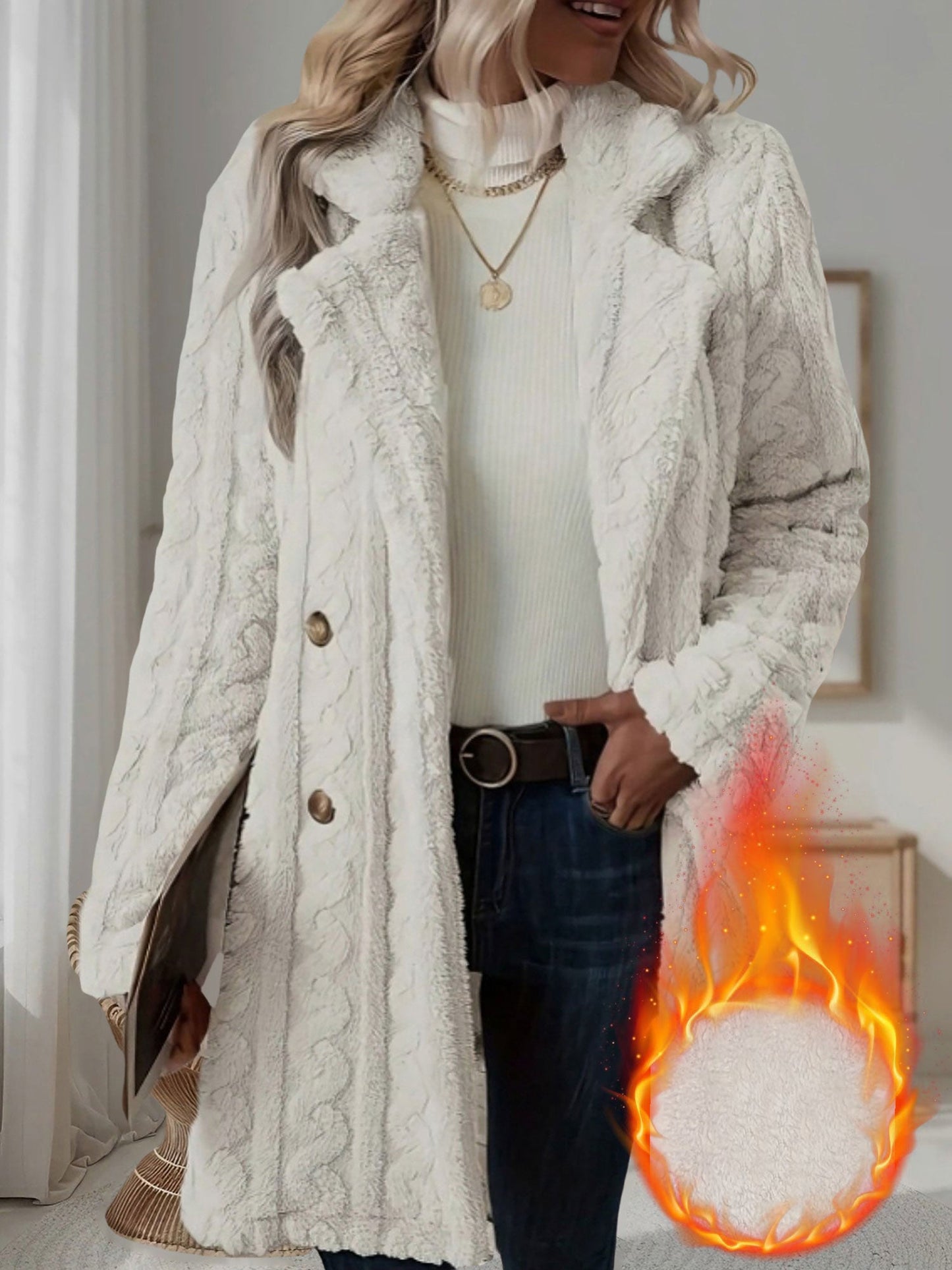 Notched Lapel Double-Breasted Mid-Length Faux Fur Jacket
