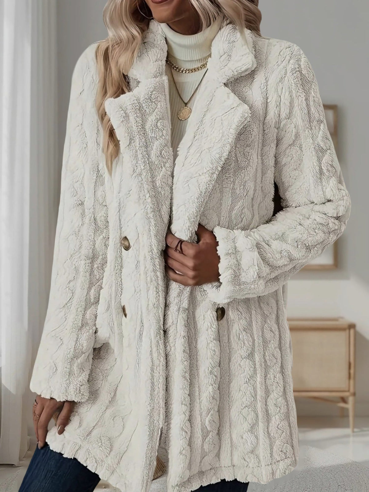 Notched Lapel Double-Breasted Mid-Length Faux Fur Jacket