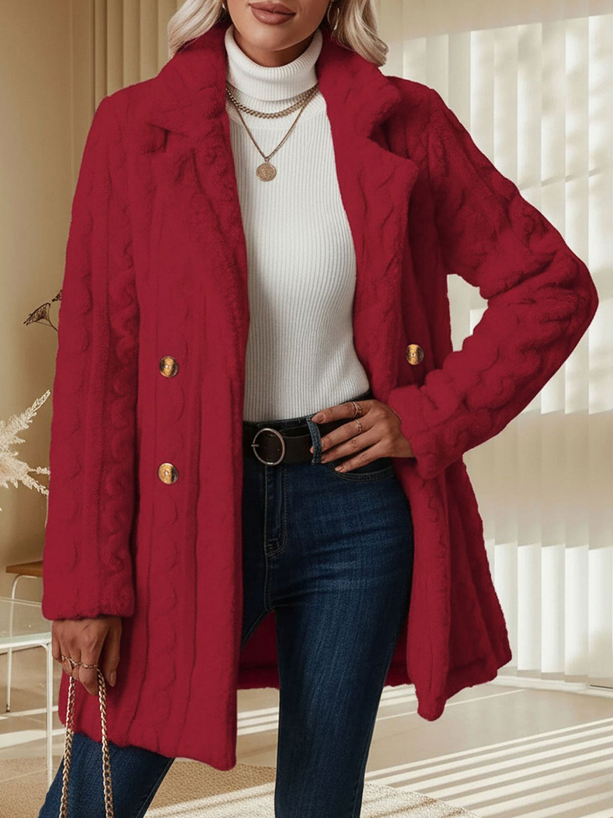 Notched Lapel Double-Breasted Mid-Length Faux Fur Jacket