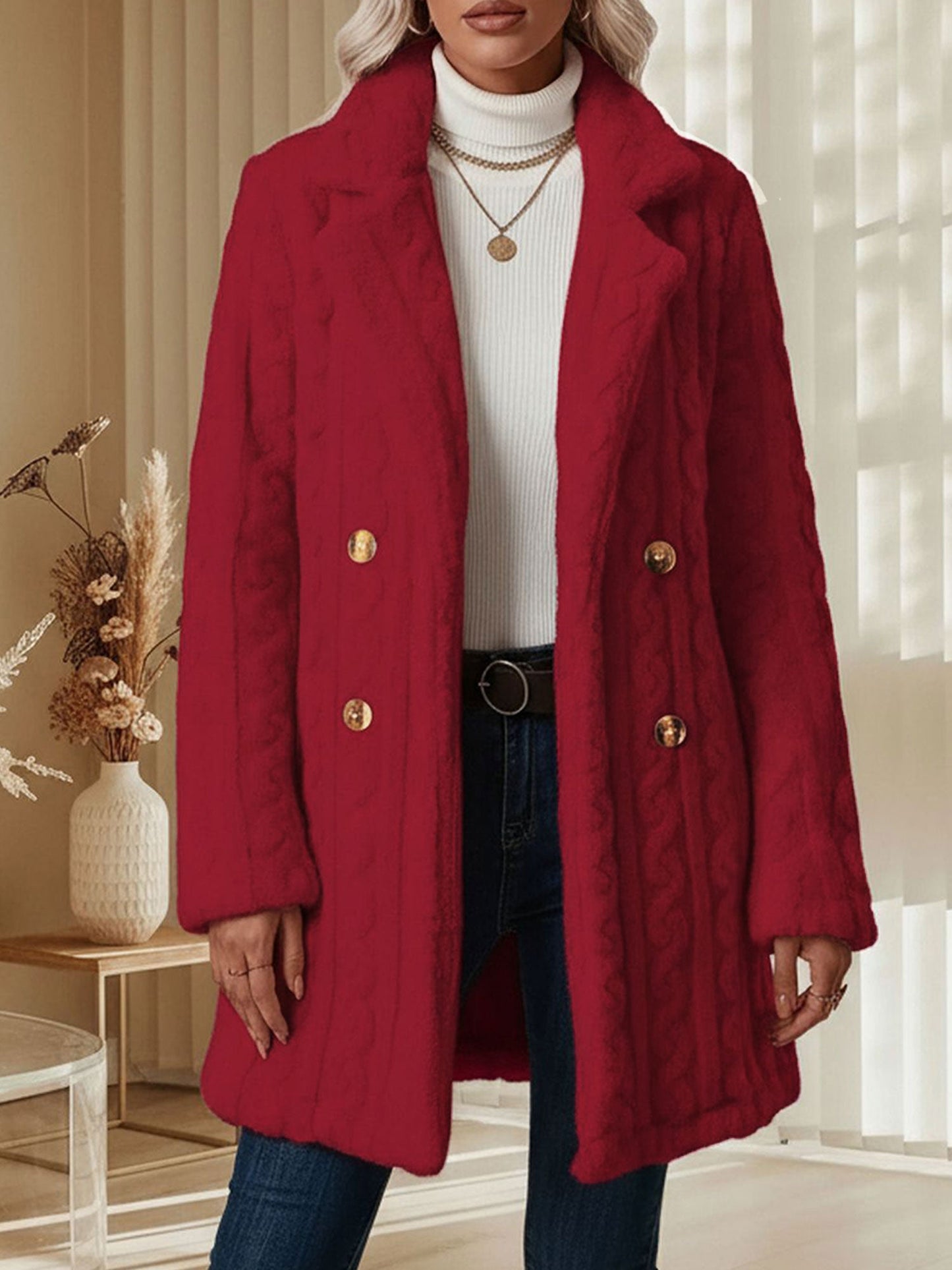 Notched Lapel Double-Breasted Mid-Length Faux Fur Jacket