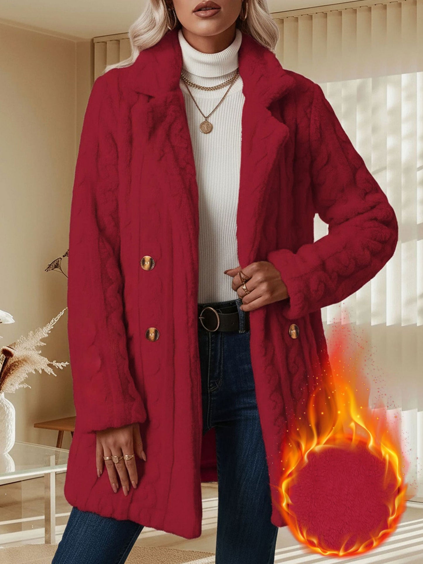 Notched Lapel Double-Breasted Mid-Length Faux Fur Jacket